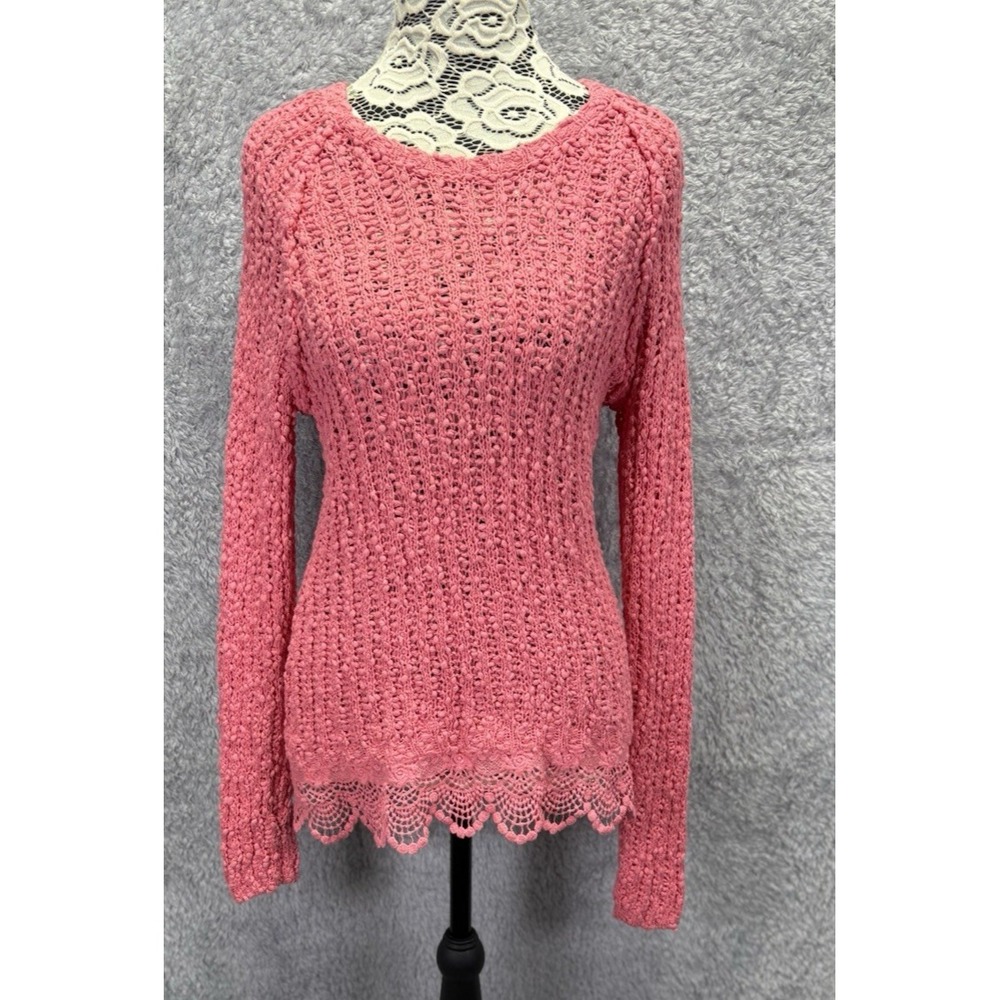 Naf Naf Paris Pink Open Knit Cotton Sweater Lace Hem Scalloped Pullover Medium